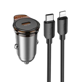 Automobilinis įkroviklis Hoco USB C QC PD 30W + kabelis USB C į Lightning NZ16 metalinis pilkas