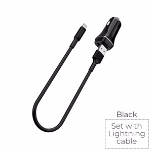 Borofone BZ2 Joyroad automobilinis įkroviklis su 2 USB-A jungtimis, 12 W, su Lightning laidu, juodas