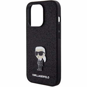 Karl Lagerfeld Glitter Ikonik Logo metalinio logotipo dėklas iPhone 15 Pro Max juodas
