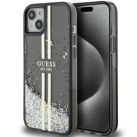 Guess Liquid Glitter Gold Stripes dėklas telefonui iPhone 15 Plus / 14 Plus - juodas