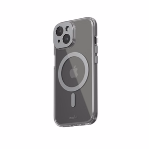 Moshi iGlaze MagSafe dėklas, skirtas iPhone 15, skaidrus su „Meteorite Gray“ spalvos detalėmis