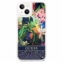 Guess GUHCP14SLFLSB iPhone 14 6.1 "mėlynas kietas dėklas Flower Liquid Glitter