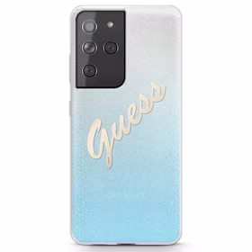 Guess GUHCS21LPCUGLSBL S21 Ultra G998blue kietas dėklas Glitter Gradient Script