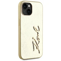 Karl Lagerfeld Wrinkled Metal Signature dėklas telefonui iPhone 15 - auksinė
