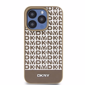 DKNY Odinis spausdintas raštas metalinis logotipas Magnetinis dėklas iPhone 15 Pro - ruda