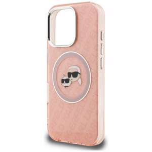 Karl Lagerfeld IML Glitter Karl & Choupette Heads Logo MagSafe dėklas iPhone 16 Pro - rožinis