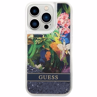 Guess Flower Liquid Glitter dėklas telefonui iPhone 14 Pro Max - mėlynas