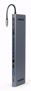 Gembird A-CM-COMBO9-01 USB Type-C 9-in-1 kelių prievadų adapteris (USB šakotuvas + HDMI + VGA + PD + kortelių skaitytuvas + LAN + 3,5 mm garsas), erdvė pilka