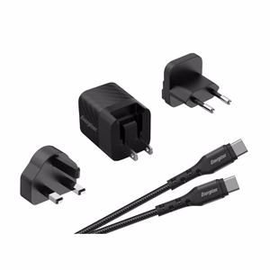 Energizer Ultimate A20MUC GaN kelioninis tinklo įkroviklis su EU / UK / US kištukais, USB-C, 20 W PD, su USB-C laidu, juodas