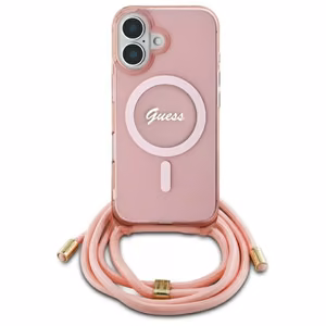 Guess Crossbody Cord Script MagSafe Dėklas telefonui Apple iPhone 16 - rožinis