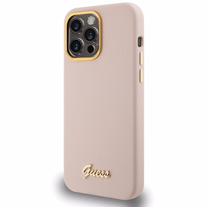 Guess silikoninis dėklas telefonui su metaliniu logotipu ir rėmeliu iPhone 15 Pro Max - rožinis