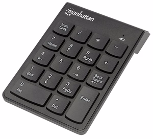 Manhattan belaidis skaitinis klavišų blokas (2.4GHz), USB-A mikro imtuvas, 18 viso dydžio klavišai, juodas, membraninis, automatinis energijos valdymas, veikimo atstumas 10m, AAA baterija (įdėta), Windows ir Mac, trejų metų garantija