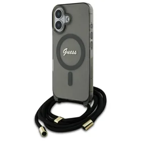 Guess Crossbody Cord Script Magnetinis dėklas iPhone 16 - juodas