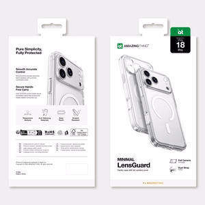 AmazingThing Minimal Mag Lens dėklas, skirtas iPhone 18 Pro, su kameros apsauga ir dirželio tvirtinimu, suderinamas su MagSafe – spalva: skaidri