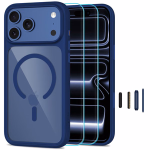 Tech-Protect MagOne MagSafe CC dėklas su 2 grūdintais stiklais, skirtas iPhone 18 Pro Max / 17 Pro Max, skaidrus tamsiai mėlynas