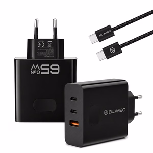 Blavec sieninis įkroviklis BC-11 GaN - USB + 2xType C - QC PD 65W 3A su Type C į Type C laidu (TCBC11G-U2CB653A) juodas