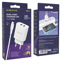 Borofone Sieninis įkroviklis BN2 Super - 2xUSB - 2,1A su USB į Type C baltas