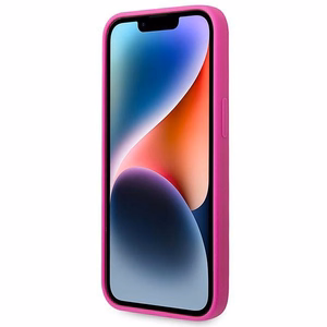 Guess silikoninis Vintage Gold Logo dėklas iPhone 14 / 15 Plus fuksijos