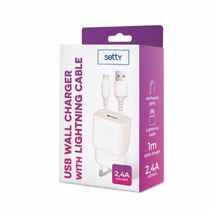 "Setty" įkroviklis 1x USB 2,4A baltas + "Lightning" laidas 1,0 m NAUJIENA