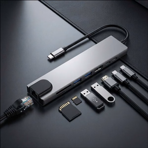 Tech-Protect HB09 USB šakotuvas 8in1 TYPE-C + USB-A 3.0 + USB-C 3.0 + HDMI 4K 60HZ + SD/TF + PD100W + RJ45 1000 MB/S - pilkas