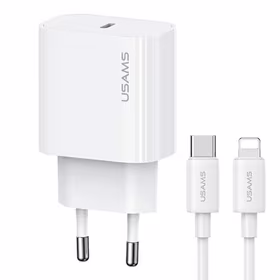 USAMS Tinklo įkroviklis 1xUSB-C T65 PD20W PD Fast Charging US-CC226 + laidas USB-C/Lightning US-SJ712 30W baltas Yi Series OYXLTZ02