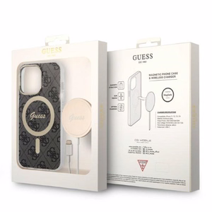 Rinkinys Guess GUBPP13LH4EACSK dėklas + įkroviklis iPhone 13 Pro juodas kietas dėklas su 4G raštu Magnetinis