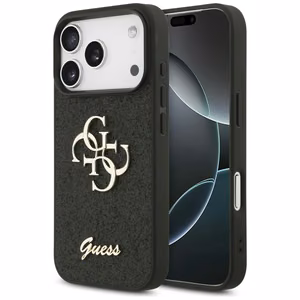 Guess PU Fixed Glitter 4G Metal Logo dėklas Apple iPhone 18 Pro, juodas