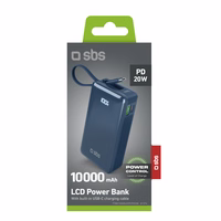 Išorinė baterija SBS 10000 mAh 20W su įmontuotu USB-C kabeliu ir skaitmenine indikacija - tamsiai pilka