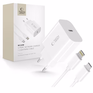 Tech-Protect NC20W sieninis įkroviklis su 100 cm USB-C / Lightning laidu baltas