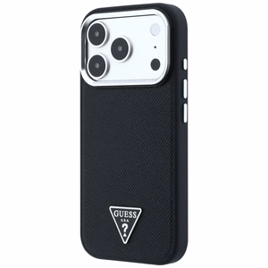 Guess Grained Triangle Logo MagSafe dėklas, skirtas iPhone 17 Pro Max / 18 Pro Max, juodas