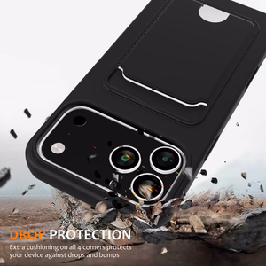 Juodas skysto silikono dėklas iPhone 18 Pro / 17 Pro su kortelių laikikliu ir dirželiu