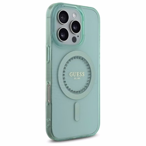 Guess IML Rhinestones Magnetinis dėklas telefonui iPhone 16 Pro - žalias