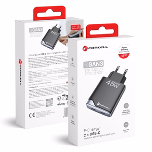 FORCELL F-ENERGY GaN III B245201(2C) itin plonas kelioninis įkroviklis 2 x Type C + USB A PD QC4.0 3A 45W juodas