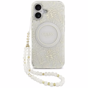Guess IML Flowers Electro Pearl Strap MagSafe dėklas telefonui iPhone 17 - baltas