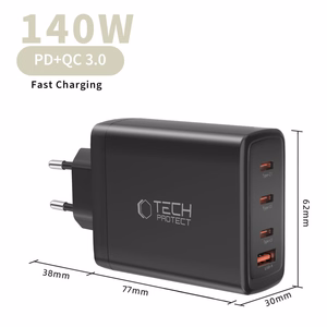 "Tech-Protect NC140W-GAN" 4 prievadų 140 W sieninis įkroviklis - juodas