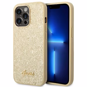 Guess Glitter Script dėklas telefonui iPhone 14 Pro - auksinis
