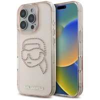 Karl Lagerfeld IML Rhinestones Karl Head dėklas telefonui iPhone 16 Pro rožinis