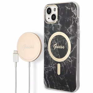 Rinkinys Guess GUBPP14SHMEACSK dėklas + įkroviklis iPhone 14 6.1" juodas/kietas dėklas Marmuras Magnetinis