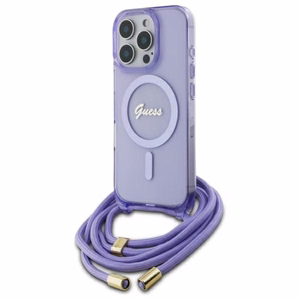 Guess Kryžminis Laidas Užrašas Magnetinis dėklas iPhone 16 Pro - violetinis