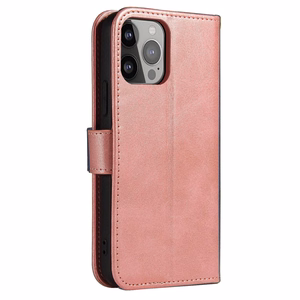 Magnetinis dėklas telefonui iPhone 14 Pro Max su atverčiamu dangteliu, pinigine ir stovu rožinis