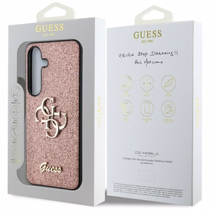 Guess blizgus didelis 4G metalinio logotipo dėklas telefonui Samsung Galaxy S25 rožinis
