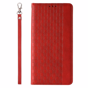 Magnetinis dirželio dėklas telefonui iPhone 14 Plus su atverčiamu dangteliu, pinigine, mini dirželiu ir stovu, raudonas
