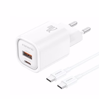 FONENG sieninis įkroviklis EU70 PD 20W 1xUSB-C + 1xUSB QC3.0 + laidas USB-C - USB-C baltas