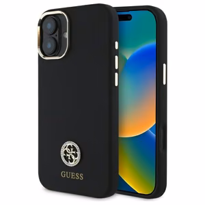 Guess Silikoninis Logo Strass 4G dėklas iPhone 16 - juodas