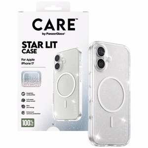 CARE by PanzerGlass Flagship Urban Explorer dėklas telefonui su baltu magnetiniu MagSafe, skirtas iPhone 17 – skaidrus su blizgučiais