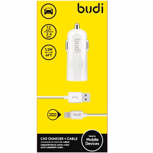 Budi BD062L automobilinis įkroviklis su 1 USB-A jungtimi, su LED indikatoriumi, su Lightning laidu
