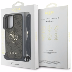Guess 4G Big Logo Cord Stap dėklas telefonui iPhone 16 - rudas