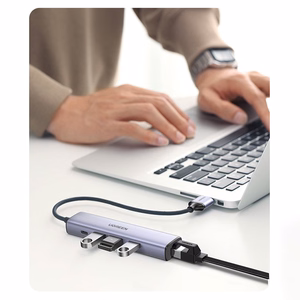 Ugreen CM475 daugiafunkcis šakotuvas USB 3.0 - 3x USB / Ethernet RJ-45 / USB Type-C PD - pilkas