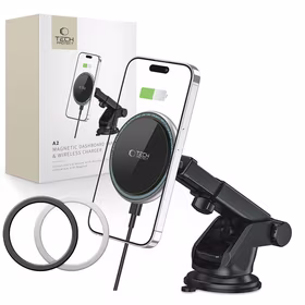Tech-Protect A2 automobilinis laikiklis telefonui su MagSafe 15W indukciniu įkrovikliu prietaisų skydeliui - juodas