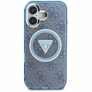 Guess IML Metal Glitter 4G Circle Triangle Magnetinis dėklas telefonui iPhone 16 - mėlynas